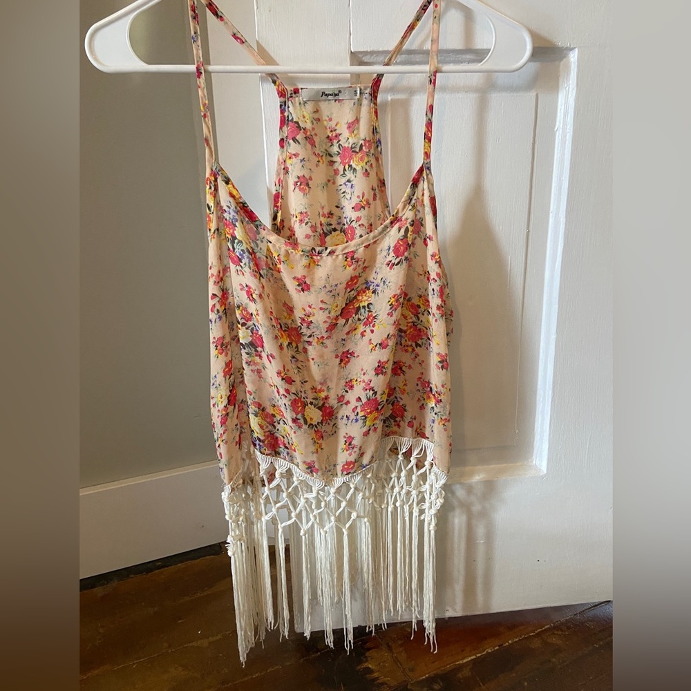 Papaya floral tank with crocheted tassels Sz M